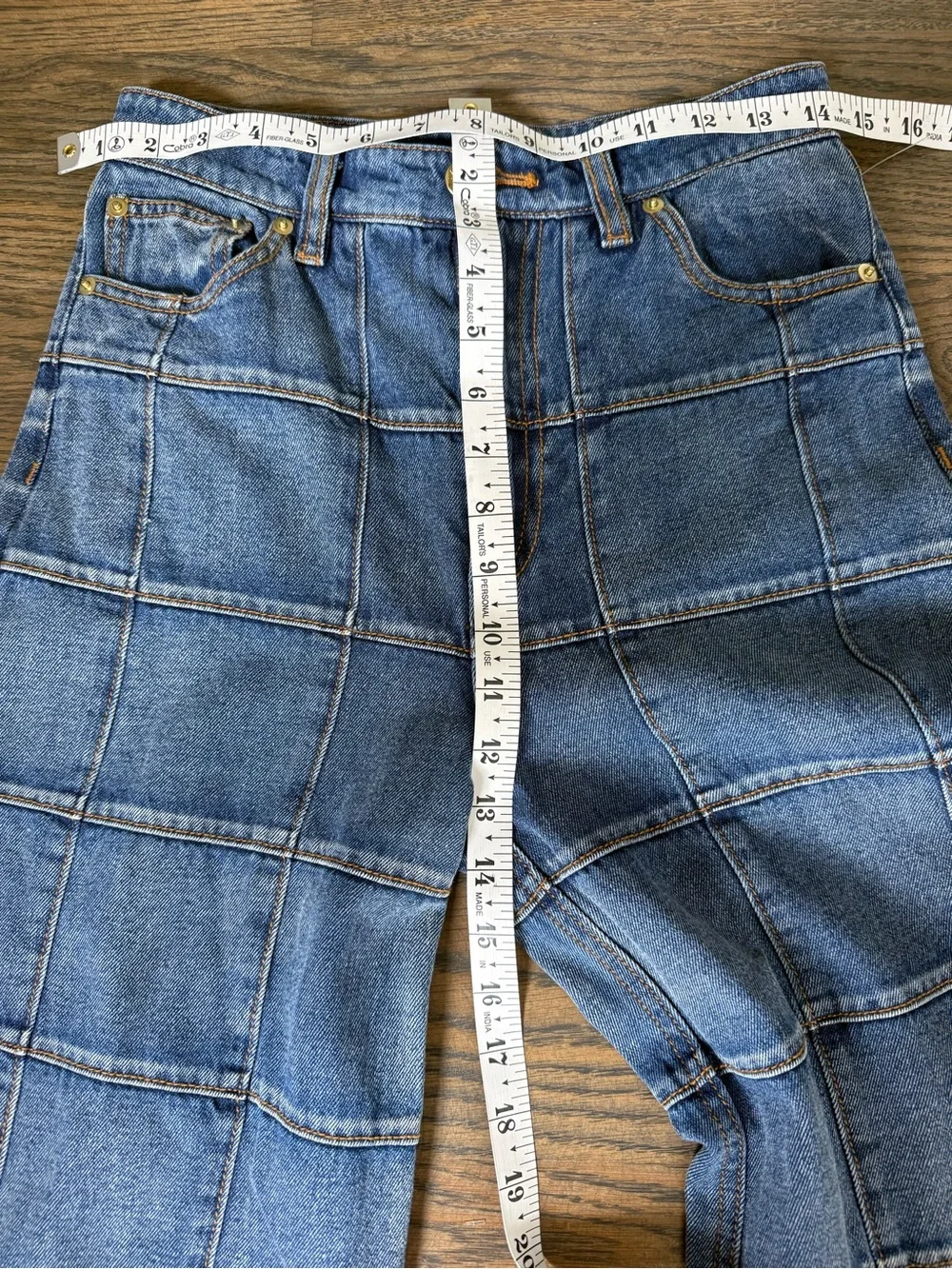 Cynthia Rowley Collection Window Pane Blue Patchwork Wide-Leg Jeans size 25. - Picture 9 of 10